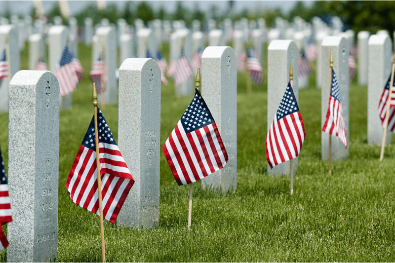 Veterans cemetery on Memorial Day. Small U.S. flags in front of every gravestone. 
