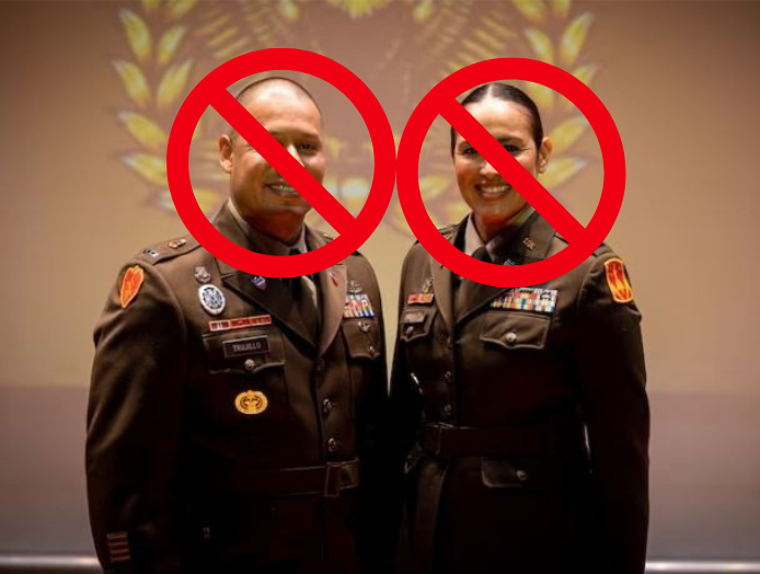 Diverse Army couple in uniforms with red cirlcles with diagonals covering their faces illustrating how Project 2025 will weaken our country's military strength. 
