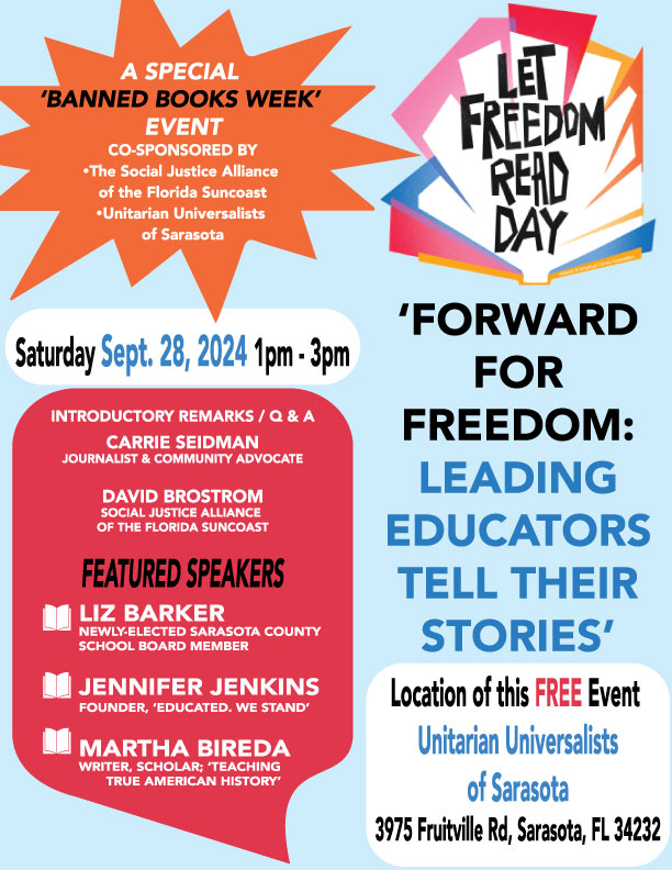 Flyer for Banned Books Event on September 28, 2024 at the Unitarian Universalists of Sarasota.