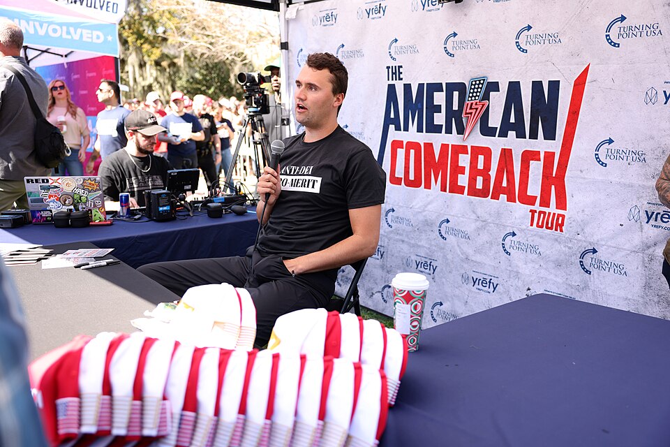Charlie Kirk speaking with attendees at the Florida State University tour stop of the "American Comeback Tour" at Landis Green in Tallahassee, Florida. "FLVCS Rejects Violence" in response to the assassination Charlie Kirk on September 10, 2025.