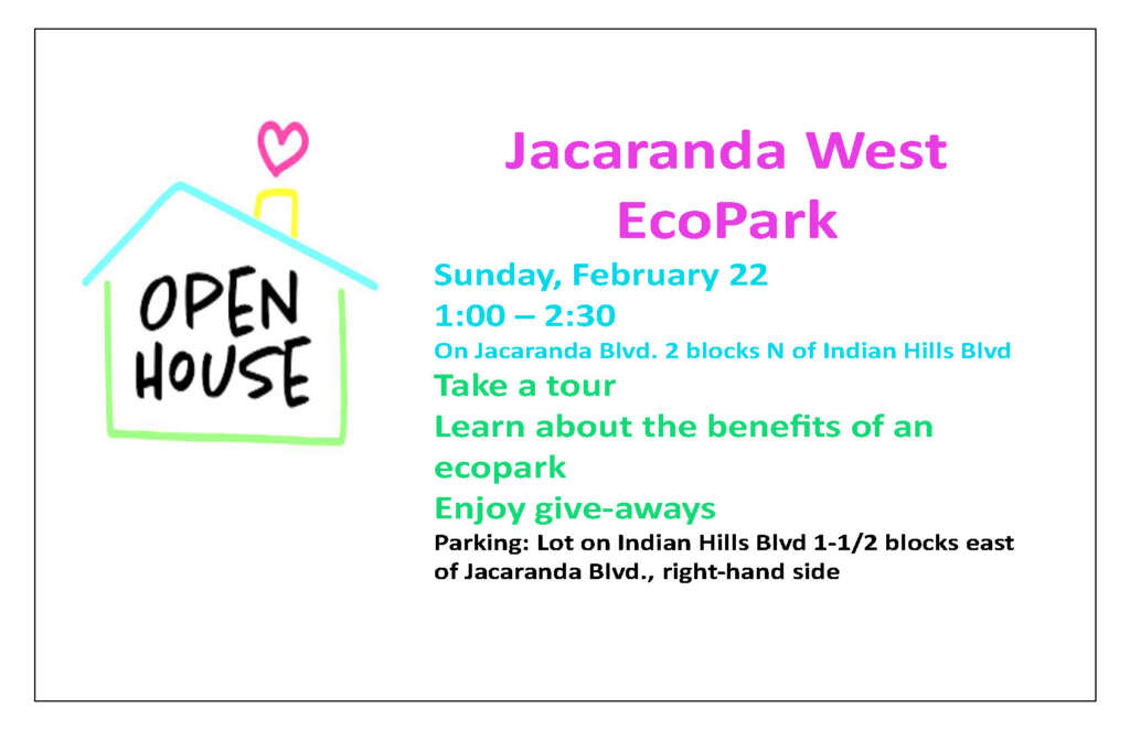 Flyer for Jacaranda West Eco Park Open House on February 22, 1:00 PM - 2:30 PM