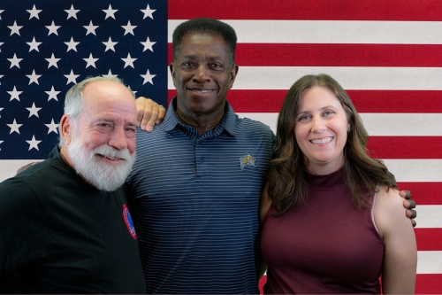 Three Flordia Veterans for Common sense members standing in front of American flag.